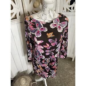Tory Burch Brown 100% Silk Colorful Butterfly 3/4 Sleeve Long Tunic Top Small